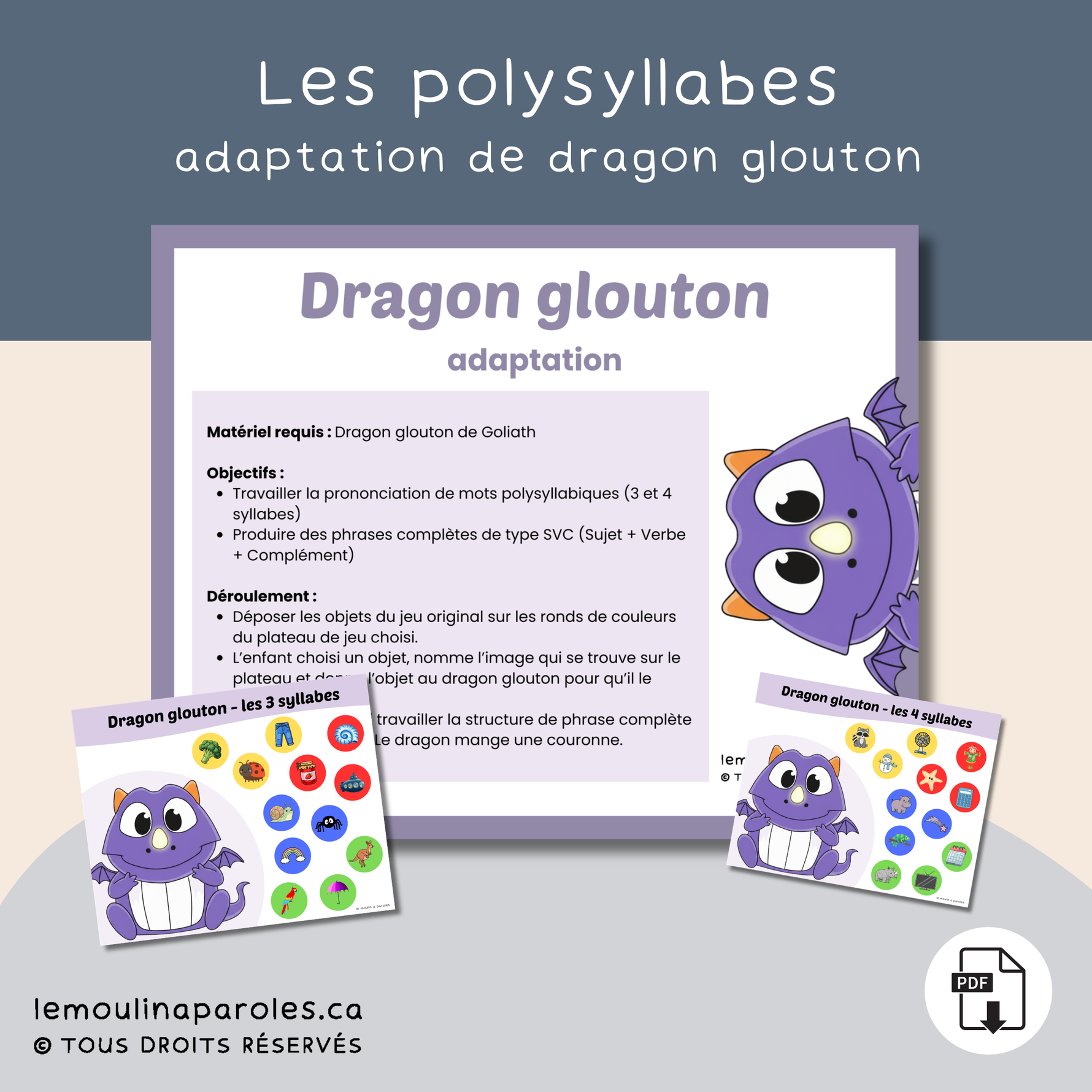 Adaptation Dragon Glouton en stimulation du langage – jeu d’orthophonie pour travailler les mots polysyllabiques et la structure de phrase SVC