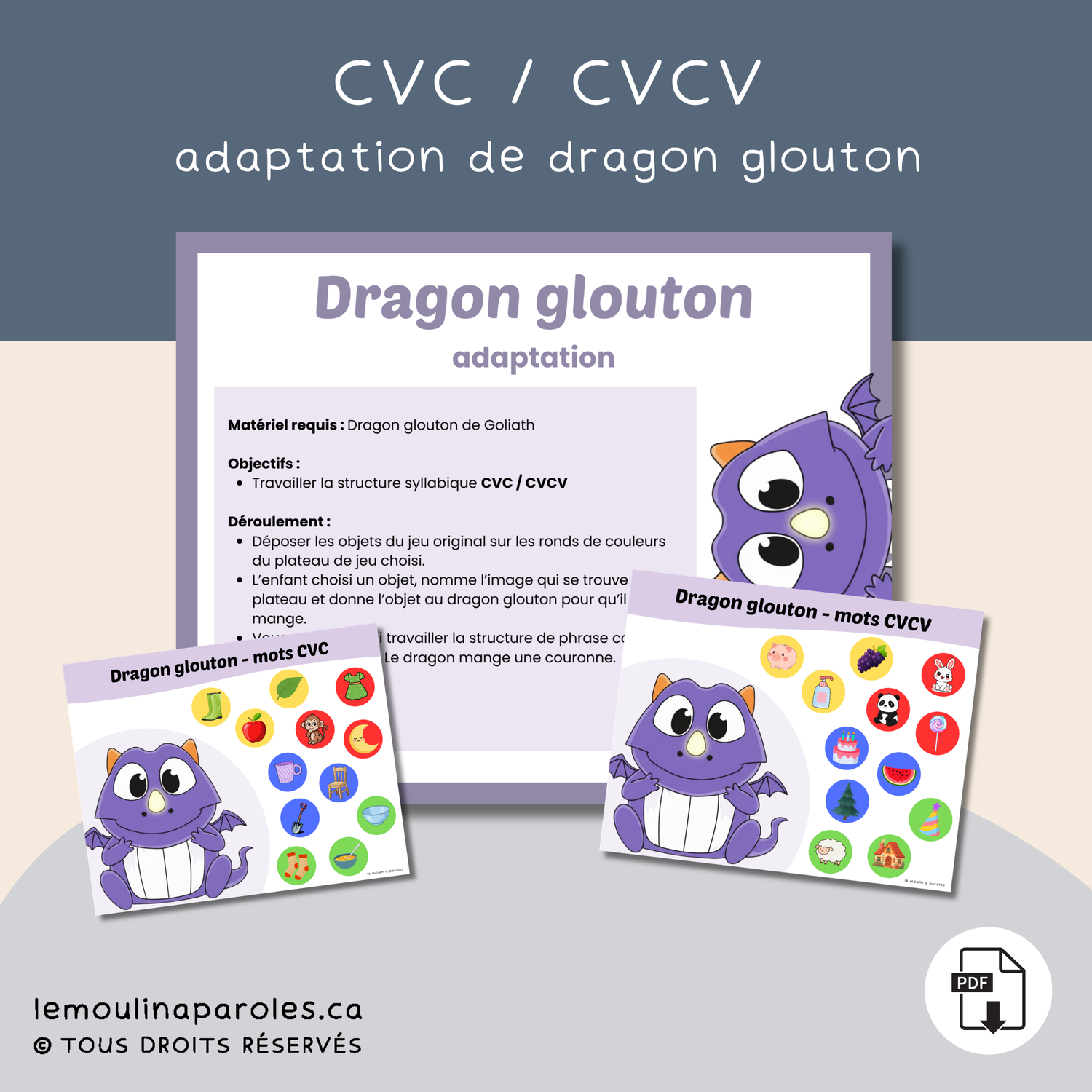Adaptation du jeu Dragon Glouton pour la stimulation du langage : CVC / CVCV , structure SVC et phrases complètes. Idéal en orthophonie et en classe.