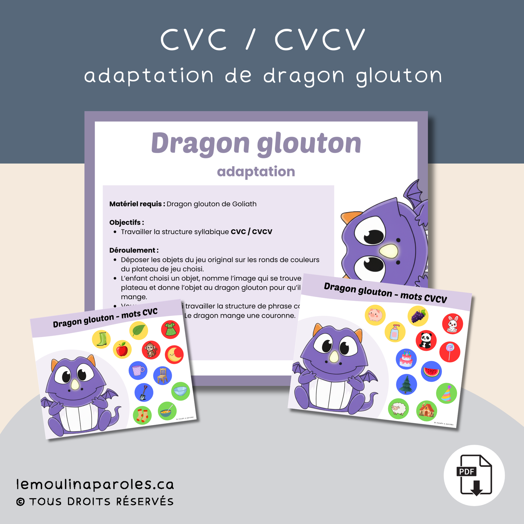 Adaptation du jeu Dragon Glouton pour la stimulation du langage : CVC / CVCV , structure SVC et phrases complètes. Idéal en orthophonie et en classe.