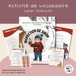 Jeu éducatif Inspecteur de sirop avec pots de sirop d’érable à trier, loupe et éléments intrus pour stimuler le langage des enfants.