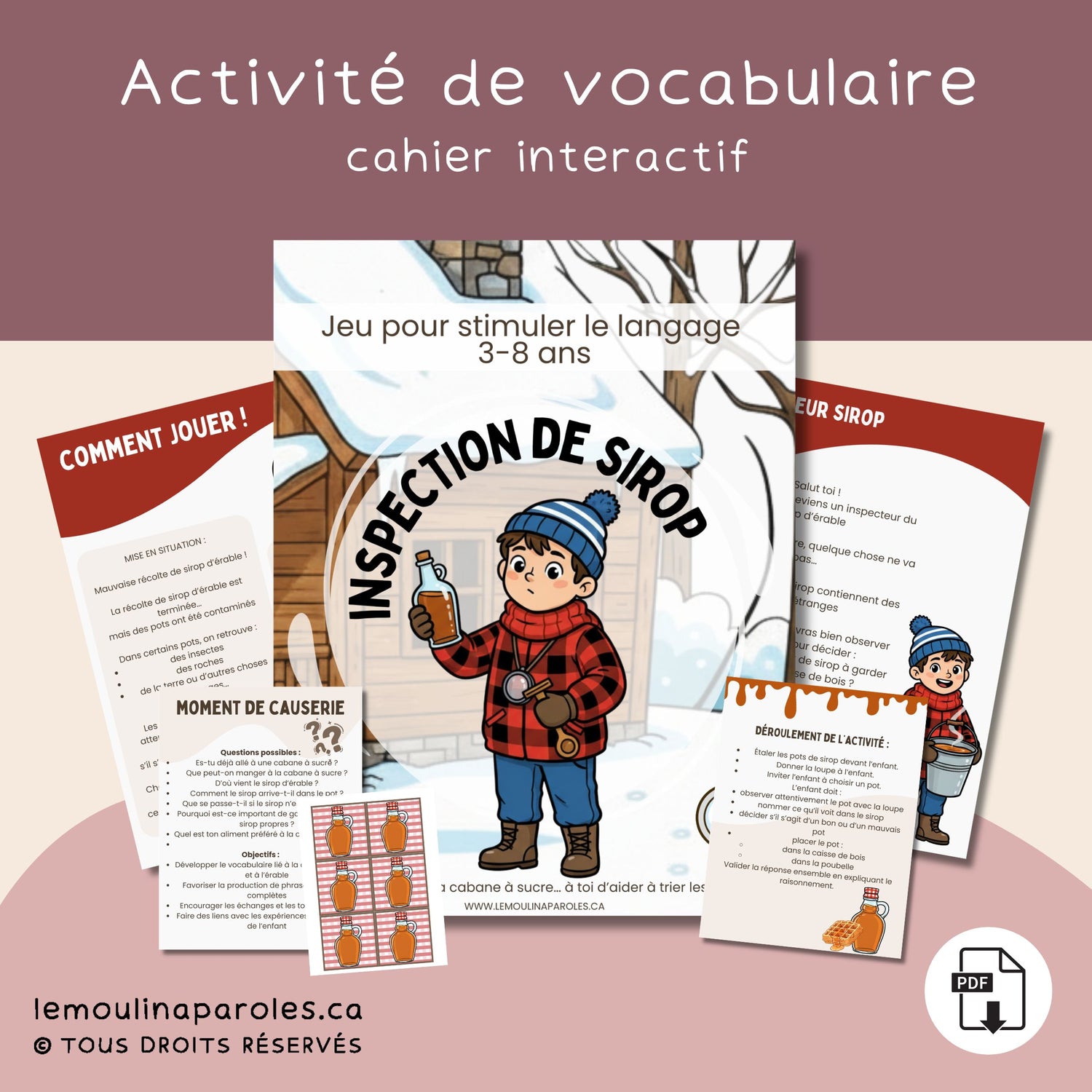 Jeu éducatif Inspecteur de sirop avec pots de sirop d’érable à trier, loupe et éléments intrus pour stimuler le langage des enfants.