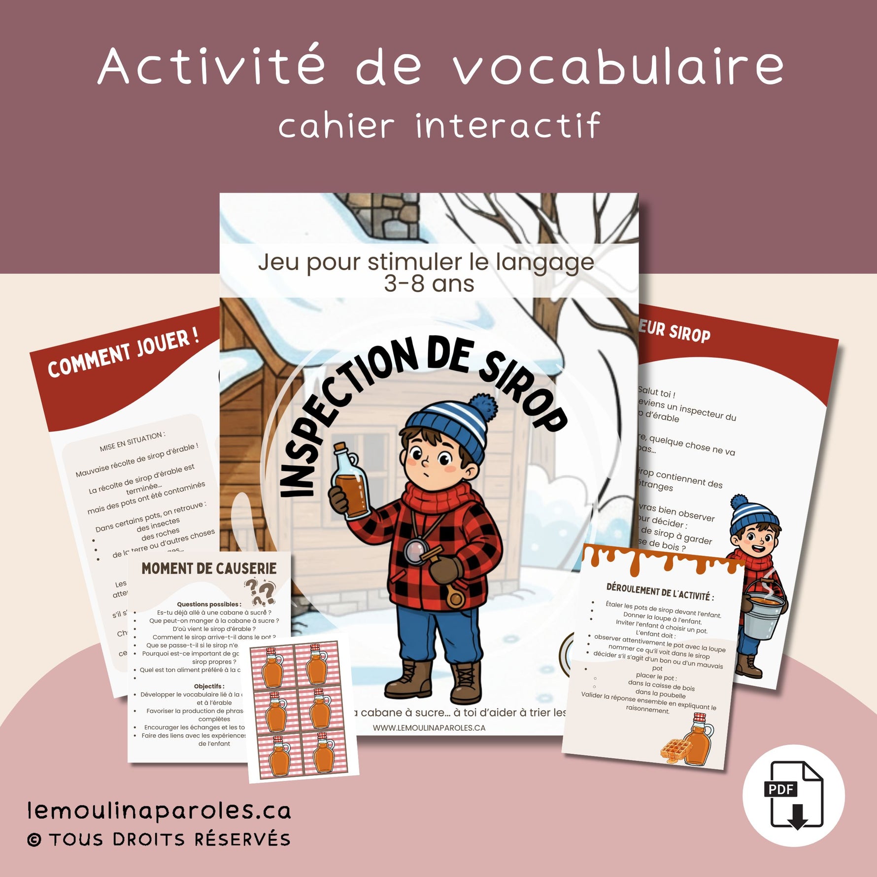 Jeu éducatif Inspecteur de sirop avec pots de sirop d’érable à trier, loupe et éléments intrus pour stimuler le langage des enfants.