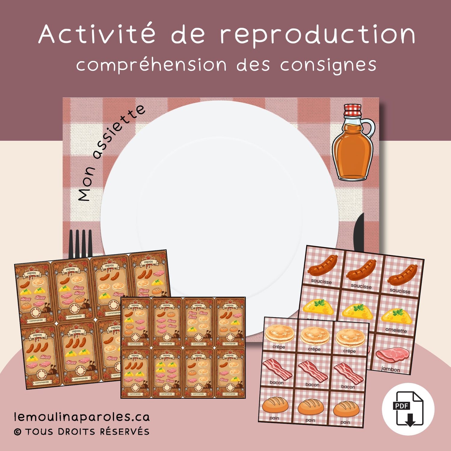 Jeu éducatif Remplis ton assiette avec cartes de commandes illustrées et aliments à placer dans une assiette pour stimuler le langage.