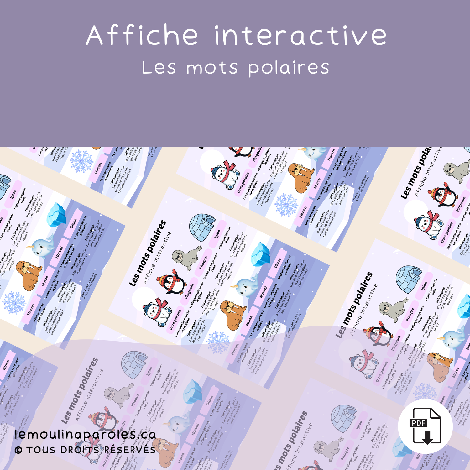 Affiche éducative monde polaire pour enfants 3–5 ans – vocabulaire et langage avec animaux et glace.