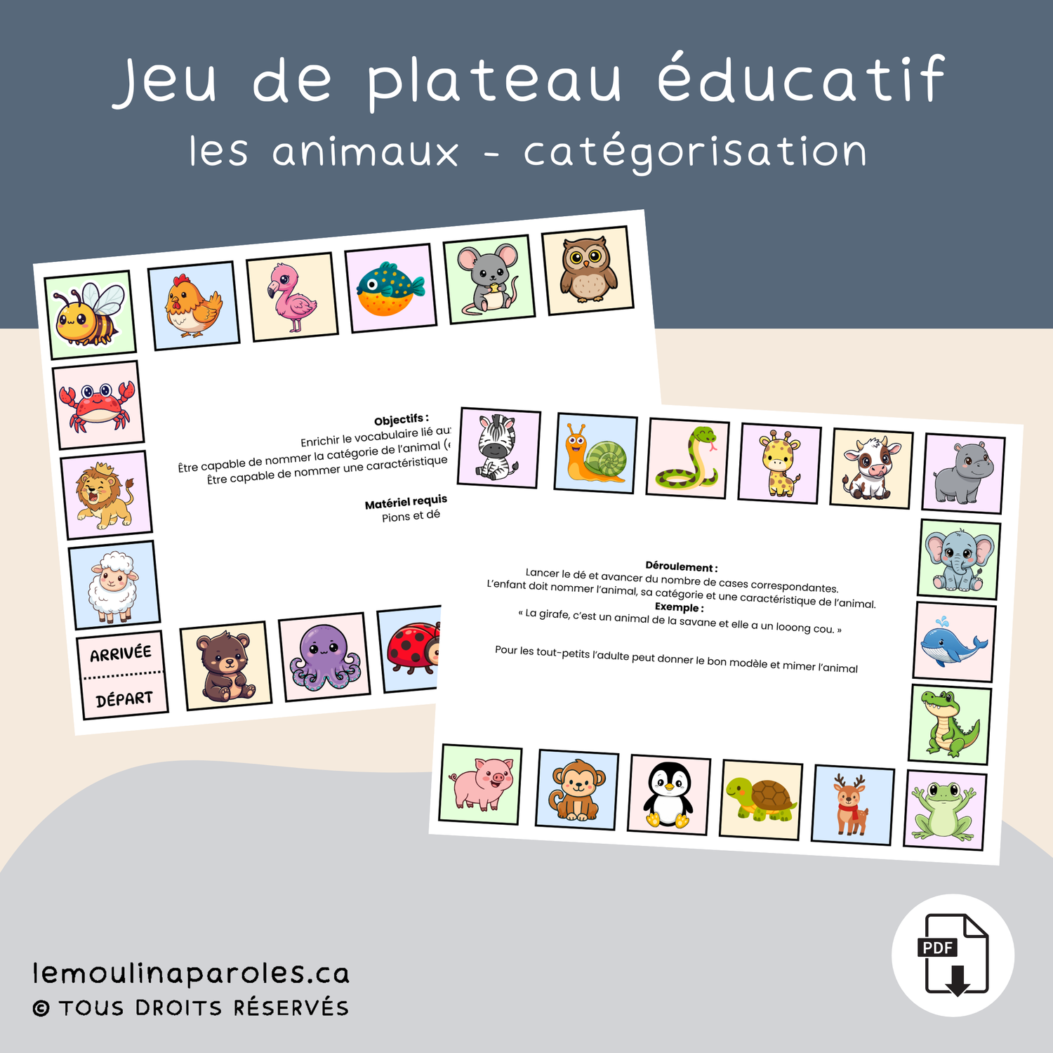 Jeu de plateau éducatif pour travailler le vocabulaire et les catégories d’animaux