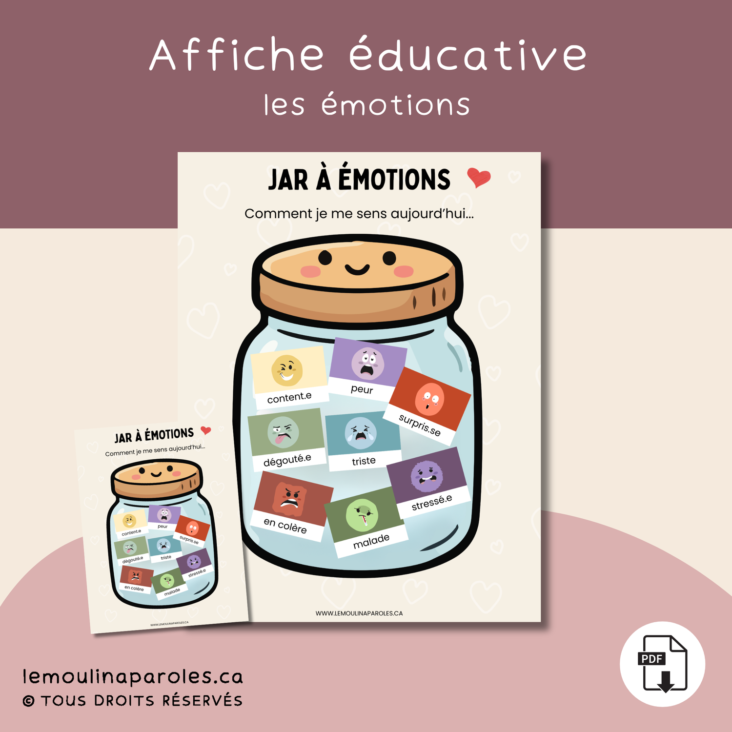 Affiche Jar à émotions pour enfants, outil visuel éducatif pour reconnaître et exprimer les émotions au préscolaire.