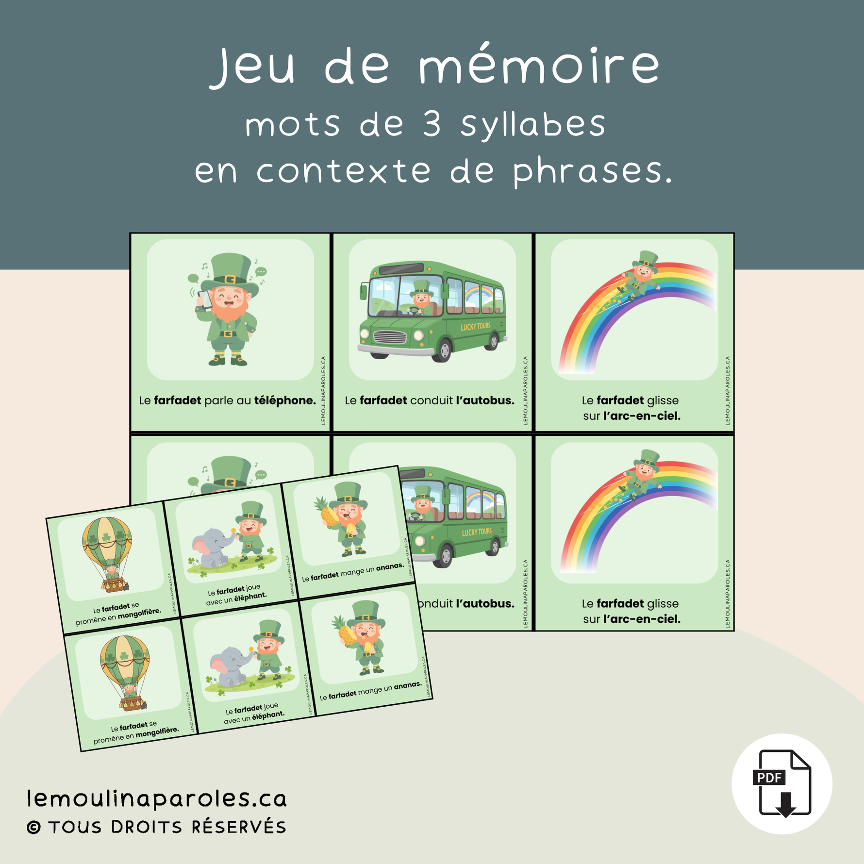 Jeu de mémoire éducatif avec mots de 3 syllabes pour la stimulation du langage