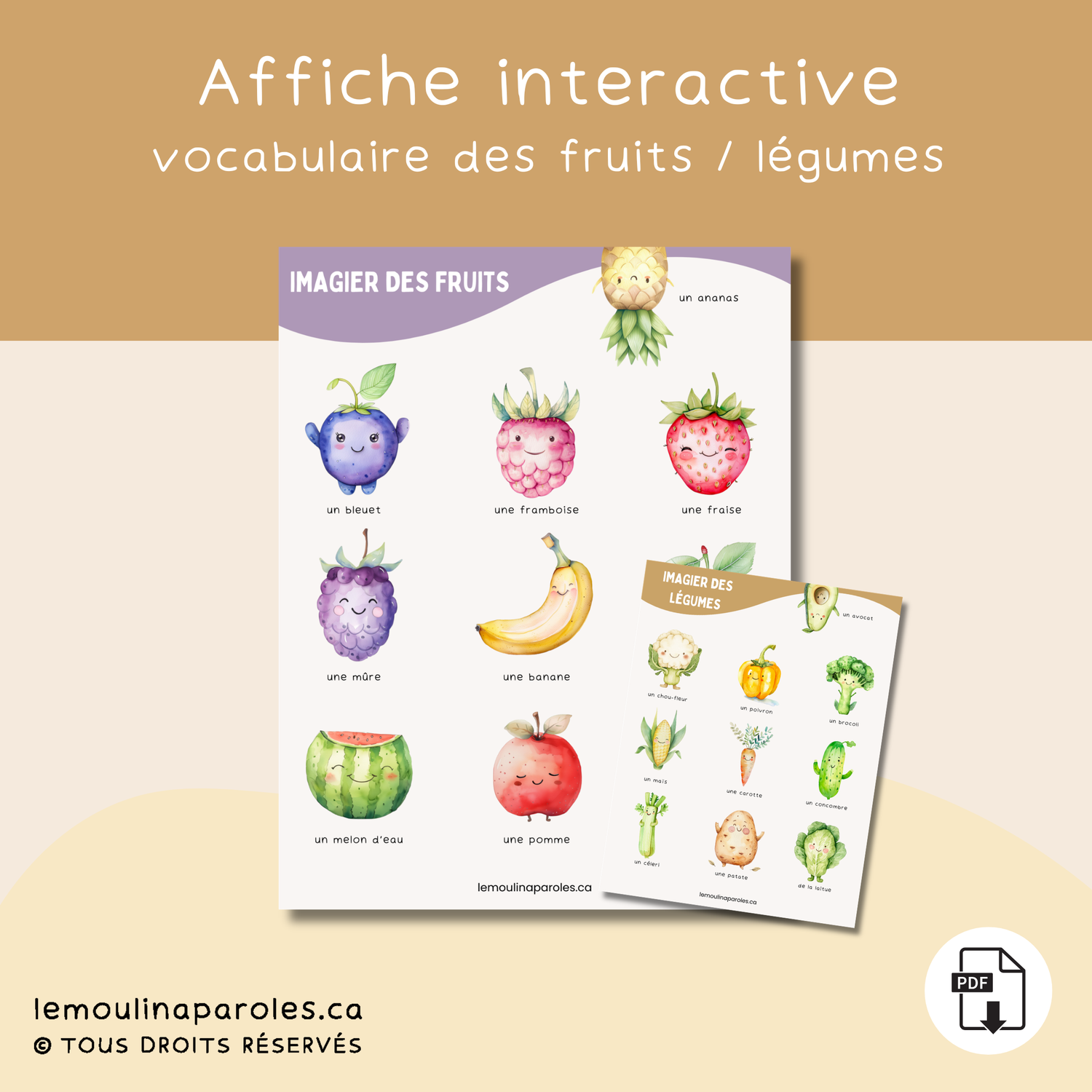 “Affiche éducative fruits et légumes pour enfants – vocabulaire préscolaire”