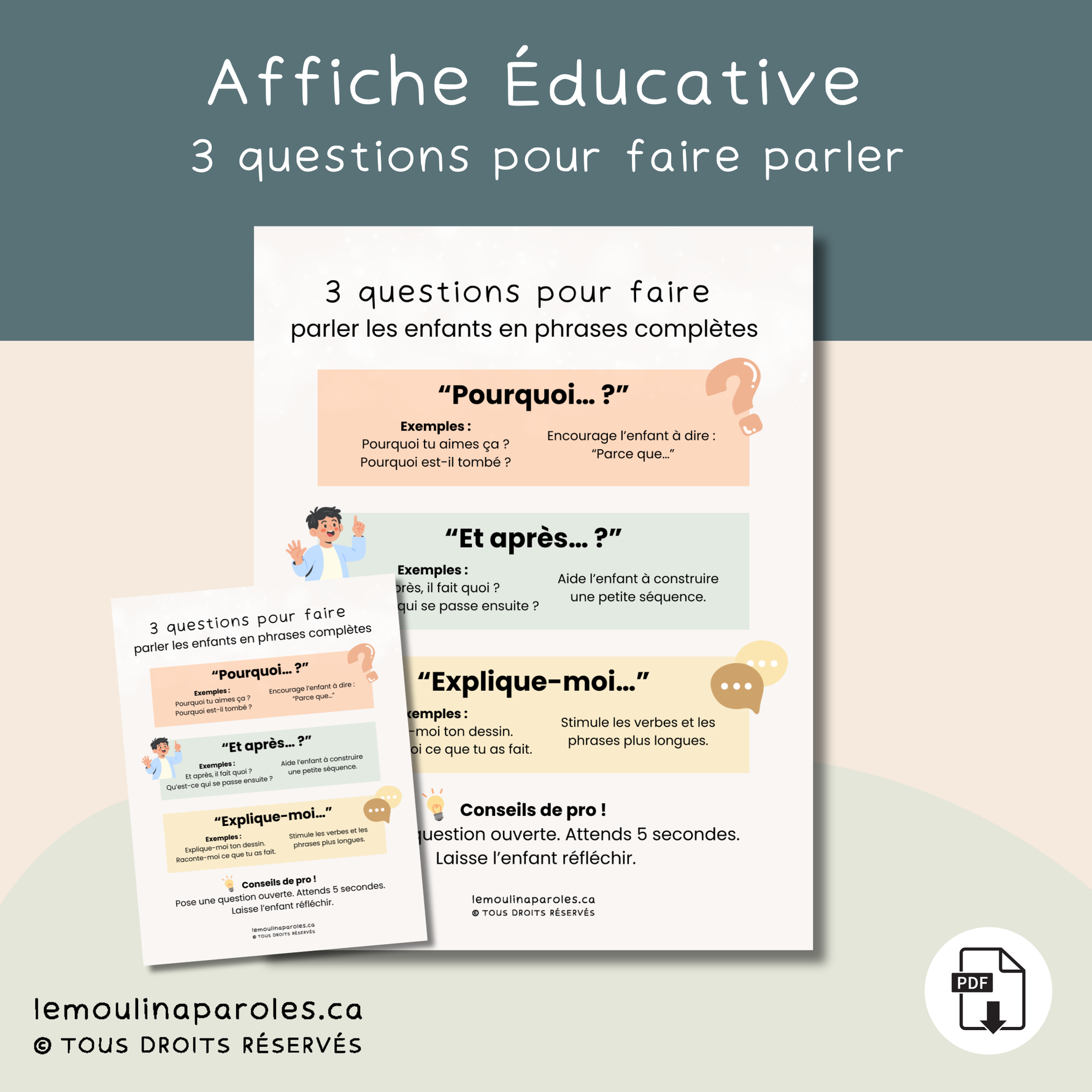 Affiche éducative avec 3 questions ouvertes pour aider les enfants à développer des phrases complètes au préscolaire et au primaire.