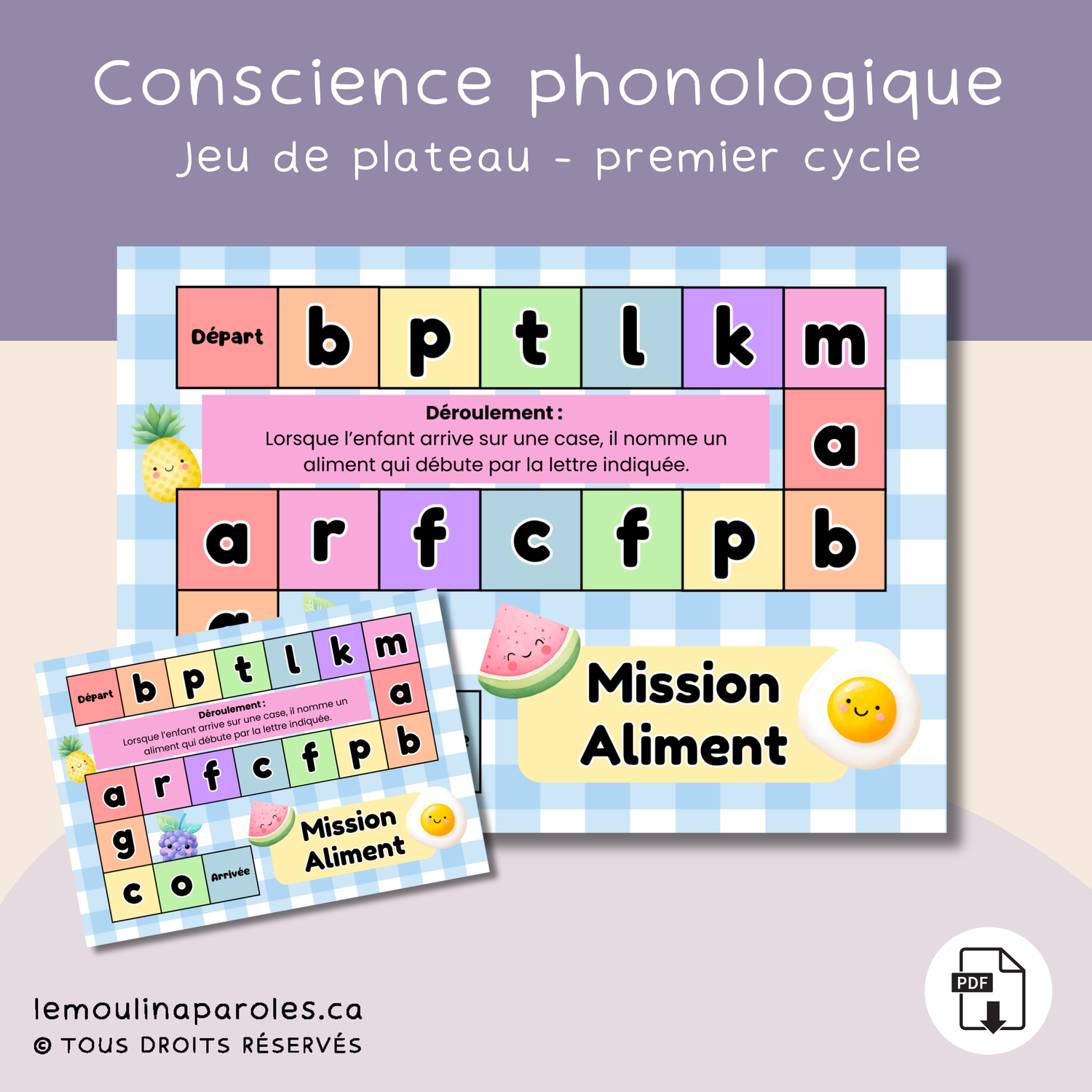 Jeu éducatif imprimable Mission Aliment 1er cycle avec parcours de lettres pour travailler les sons initiaux et le vocabulaire des aliments.