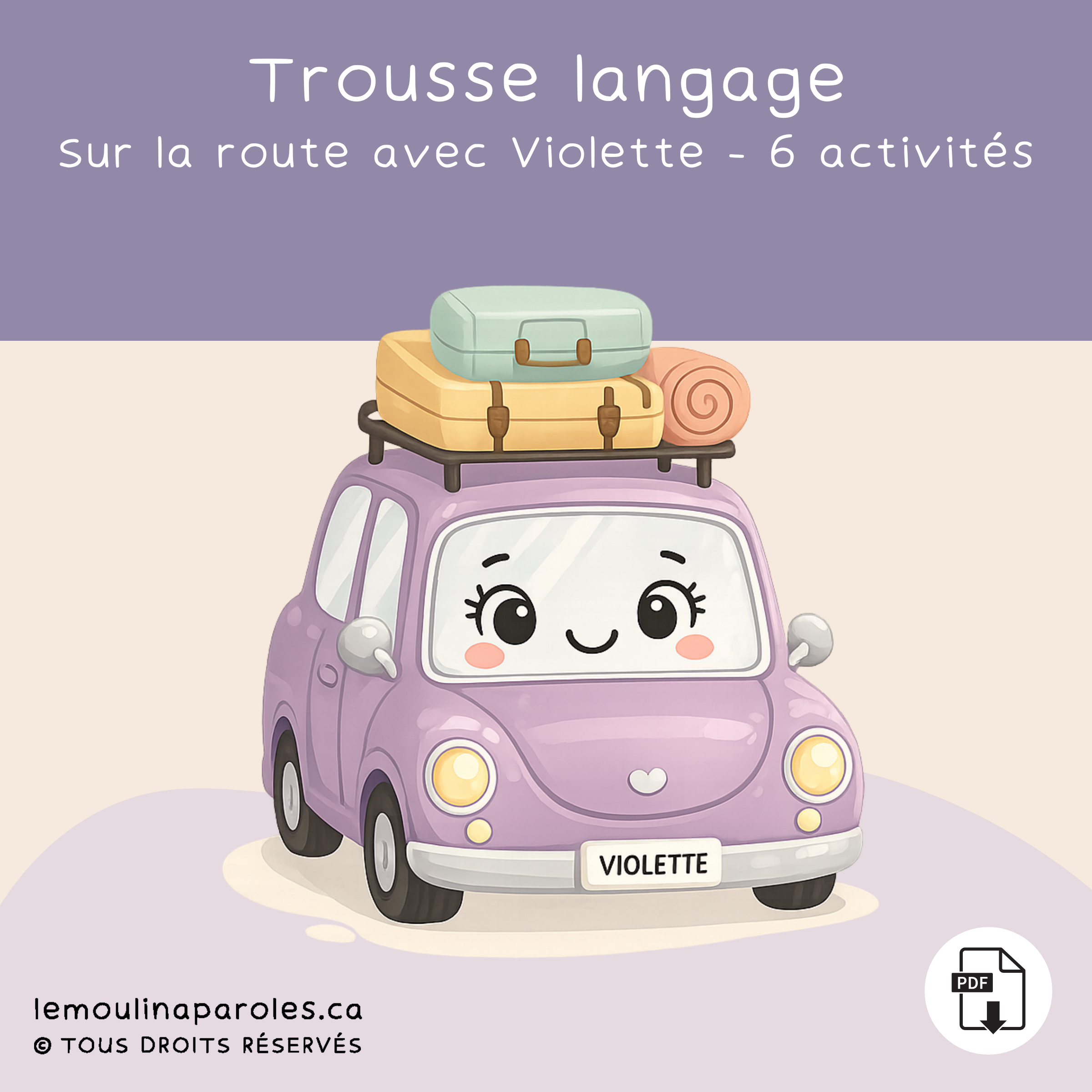 Trousse langage « Les vacances de Violette » comprenant 6 activités éducatives à imprimer pour stimuler le langage des enfants de 3 à 5 ans autour du thème des vacances.