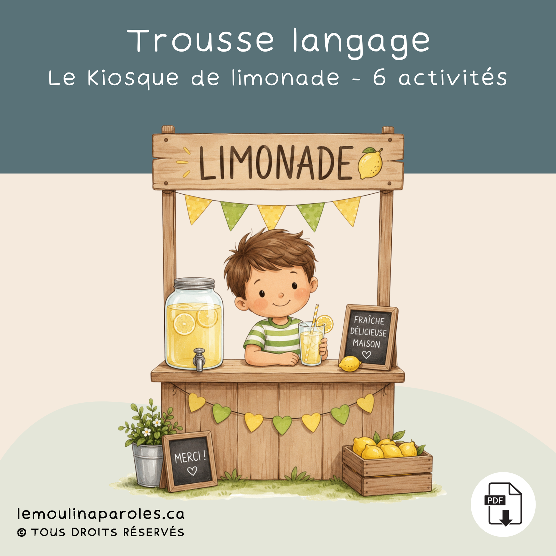 Trousse numérique Le kiosque de limonade comprenant 6 activités éducatives pour stimuler le langage, le vocabulaire, les notions spatiales, les consignes, le raisonnement et les apprentissages préscolaires chez les enfants de 3 à 6 ans.