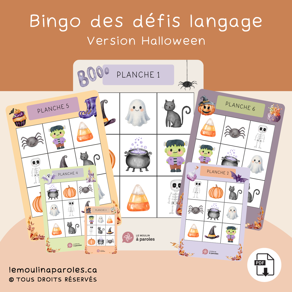 Bingo Halloween à imprimer pour stimuler le langage des enfants de 3 à 5 ans – 6 planches et défis langagiers