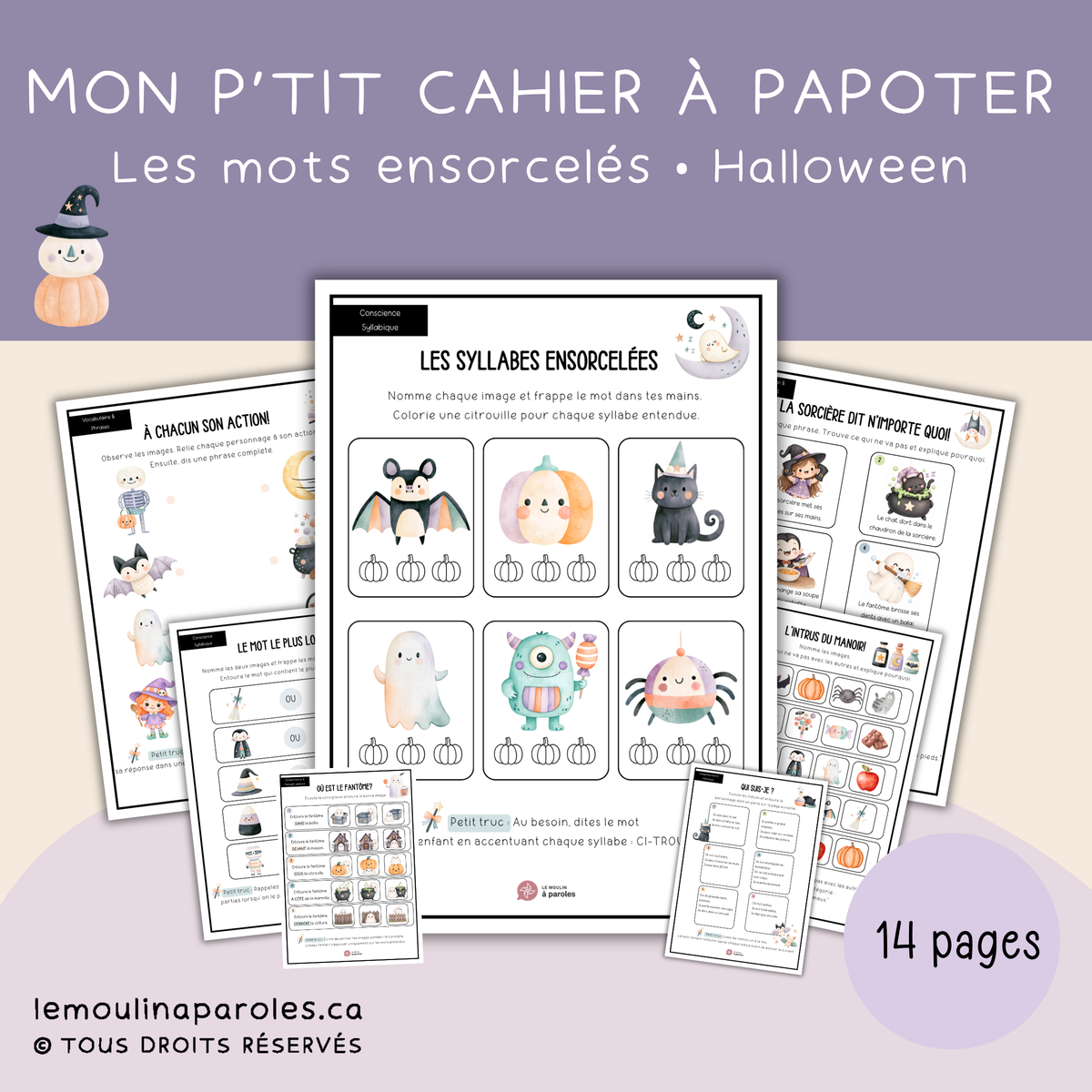 Cahier d’activités Halloween à imprimer pour enfants de 3 à 5 ans – jeux de langage, vocabulaire, compréhension et syllabes – Le Moulin à Paroles