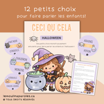 Jeu Ceci ou cela Halloween à imprimer avec 12 choix illustrés pour stimuler le langage et l’expression des préférences chez les enfants