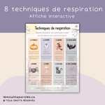 Affiche Halloween présentant 8 exercices de respiration pour enfants avec citrouille, fantôme, sorcière, chauve-souris et autres illustrations pour favoriser le retour au calme.