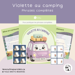 Violette au camping, activité éducative à imprimer pour développer les phrases complètes, le langage expressif et le vocabulaire des actions grâce à une exploration de tentes avec une lampe de poche.