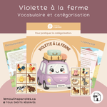 Violette à la ferme, activité éducative à imprimer pour travailler le vocabulaire, la catégorisation et l'association entre les animaux de la ferme et leurs habitats.