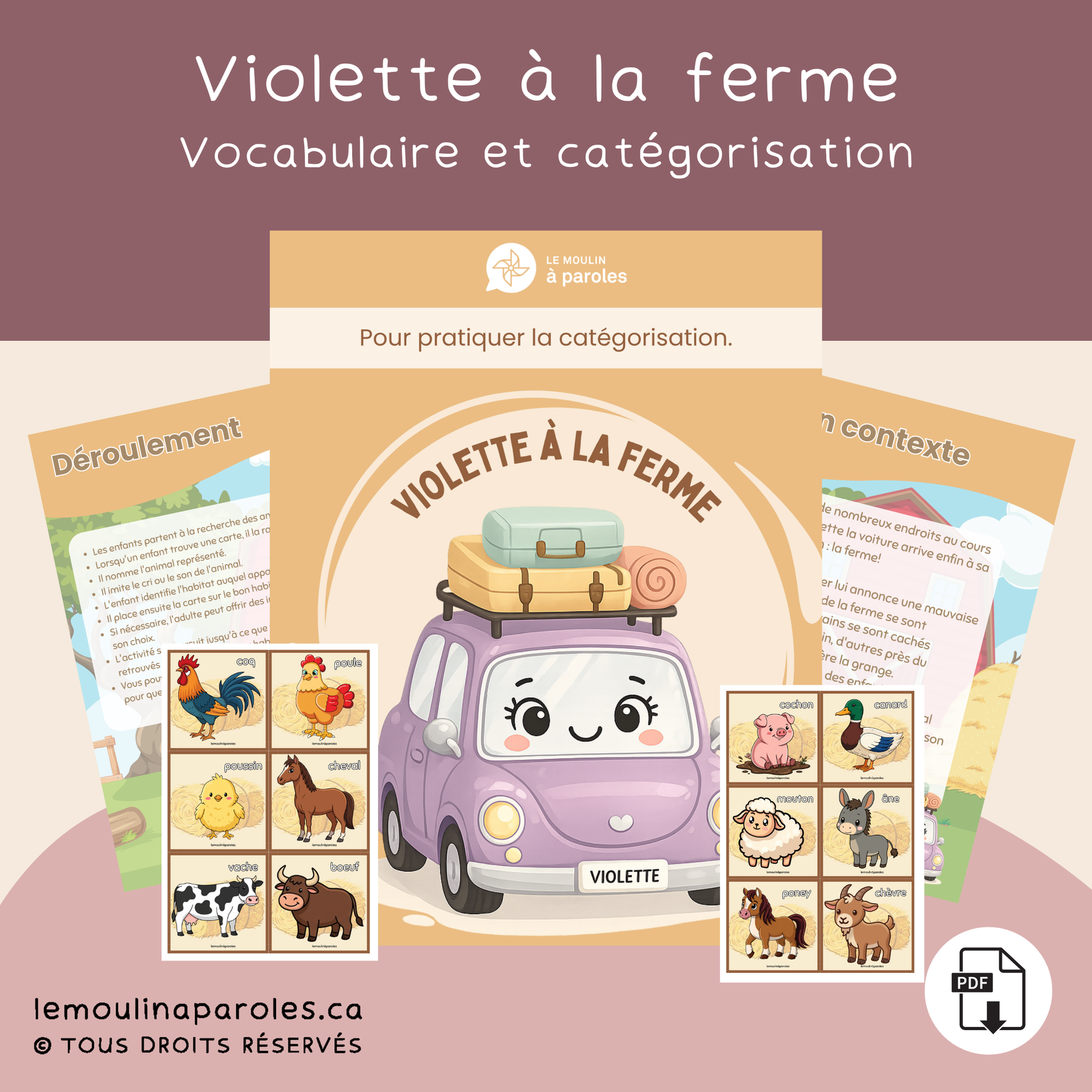 Violette à la ferme, activité éducative à imprimer pour travailler le vocabulaire, la catégorisation et l'association entre les animaux de la ferme et leurs habitats.