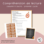Activité de compréhension de lecture sur la cabane à sucre avec menu et cartes-questions pour développer le vocabulaire et la lecture au premier cycle du primaire.