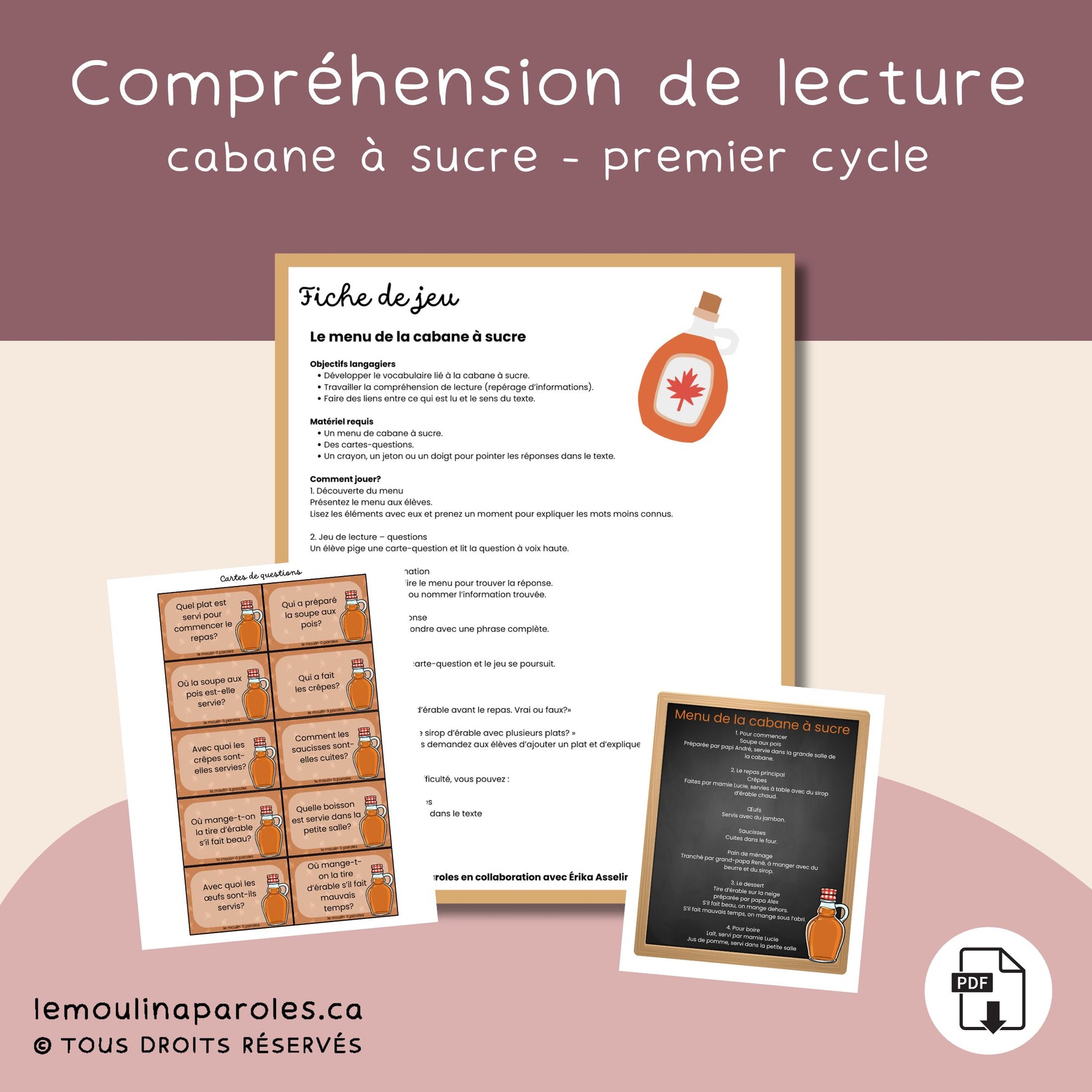Activité de compréhension de lecture sur la cabane à sucre avec menu et cartes-questions pour développer le vocabulaire et la lecture au premier cycle du primaire.