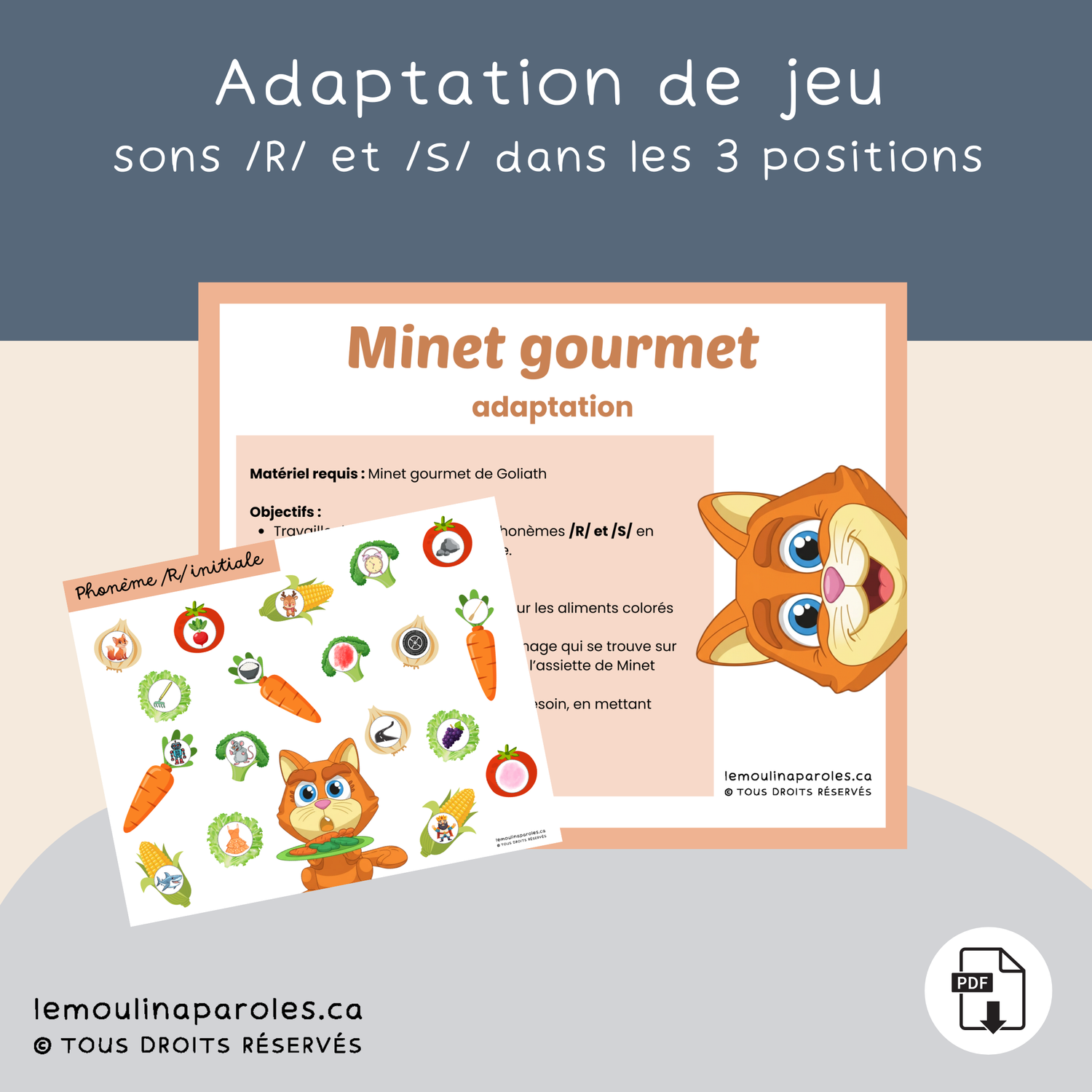 Jeu éducatif Minet gourmet – activité de stimulation du langage sons R et S pour enfants
