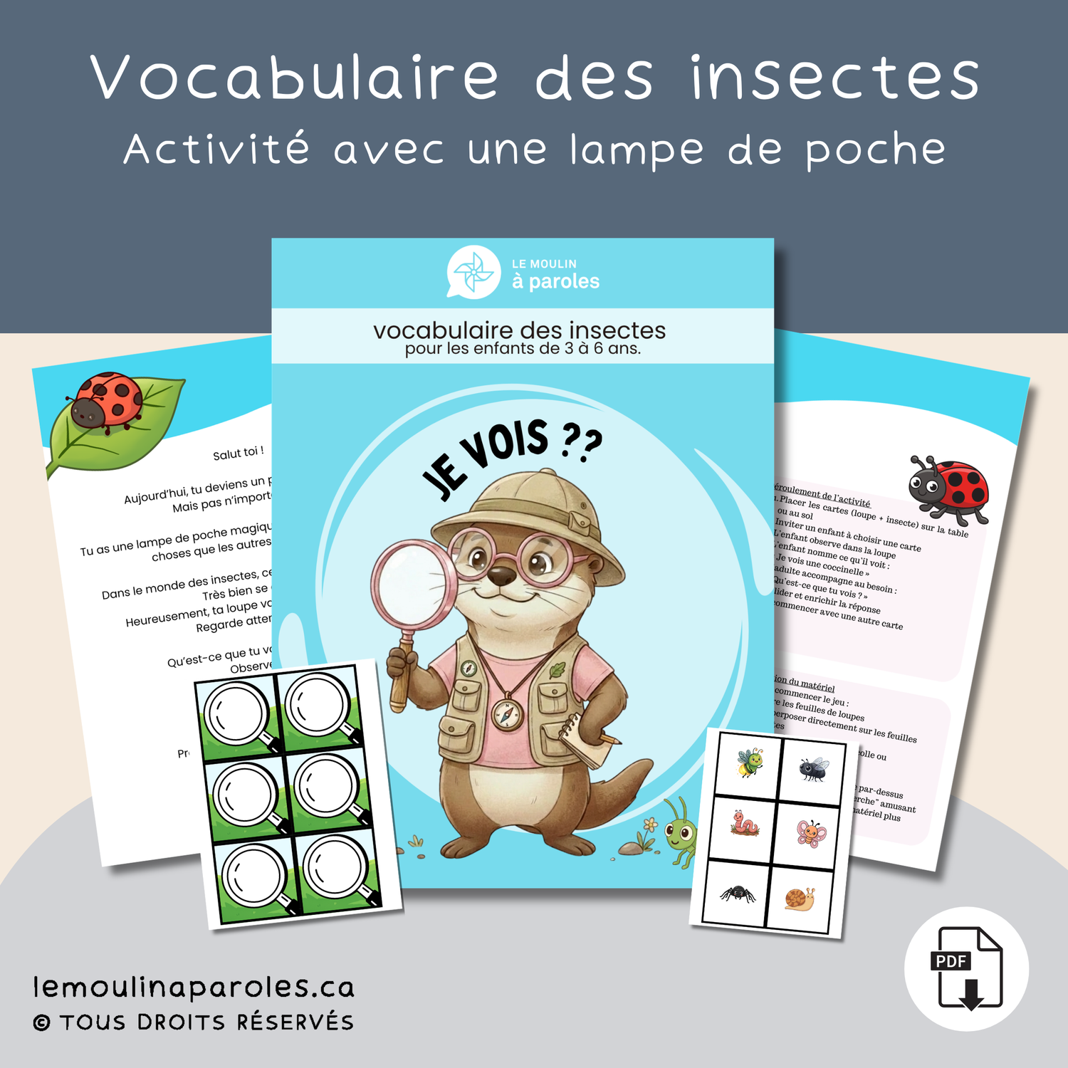 Jeu de lampe de poche avec insectes à observer pour enfants de 3 à 6 ans
Cartes éducatives avec effet loupe pour développer le langage chez l’enfant
Activité de stimulation du langage avec observation d’insectes à travers une loupe
Jeu éducatif imprimable pour nommer les insectes et faire des phrases
Enfant observant des insectes avec une loupe dans un jeu de langage