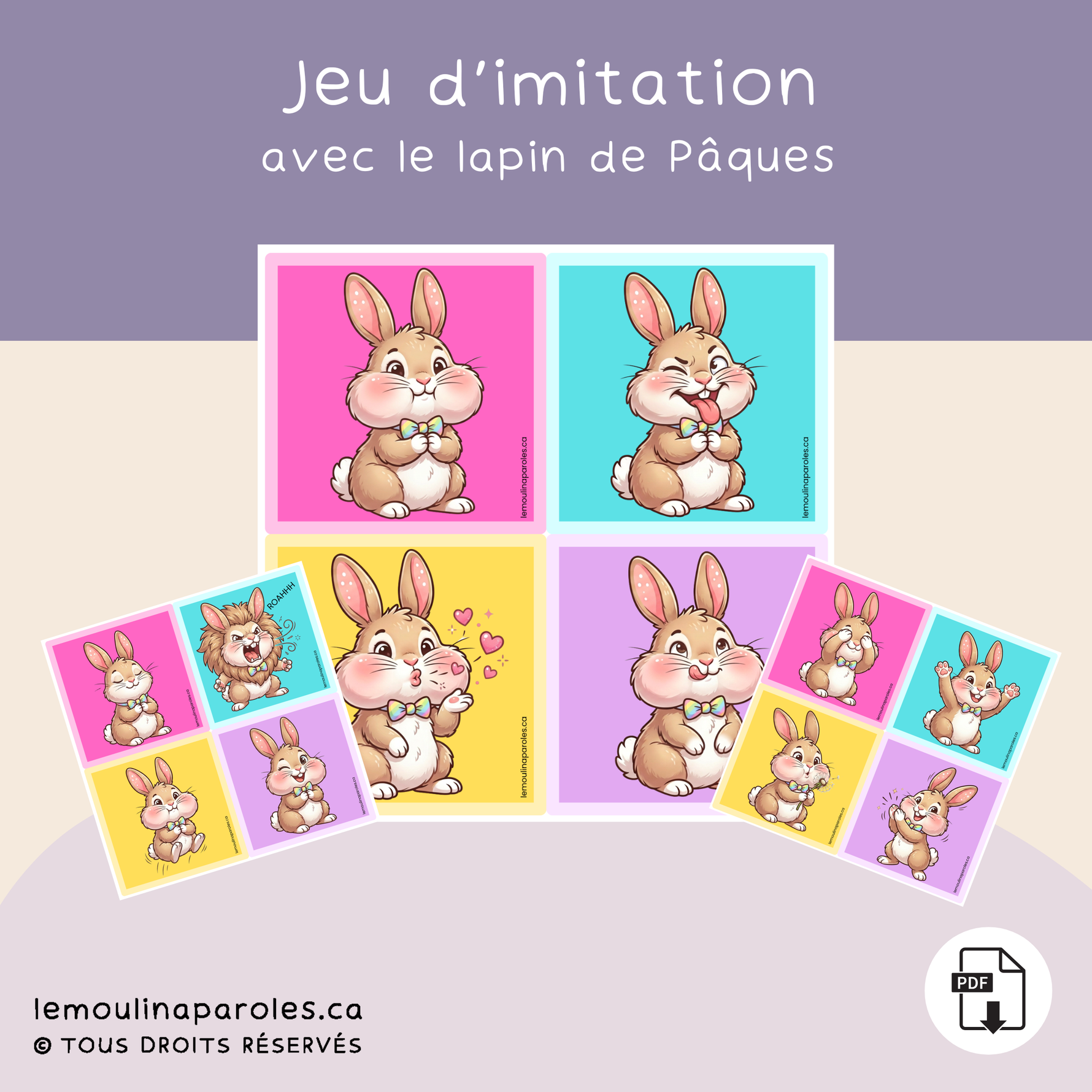 Jeu d’imitation de Pâques imprimable avec cartes illustrées d’un lapin faisant différentes expressions et actions pour stimuler le langage des enfants.