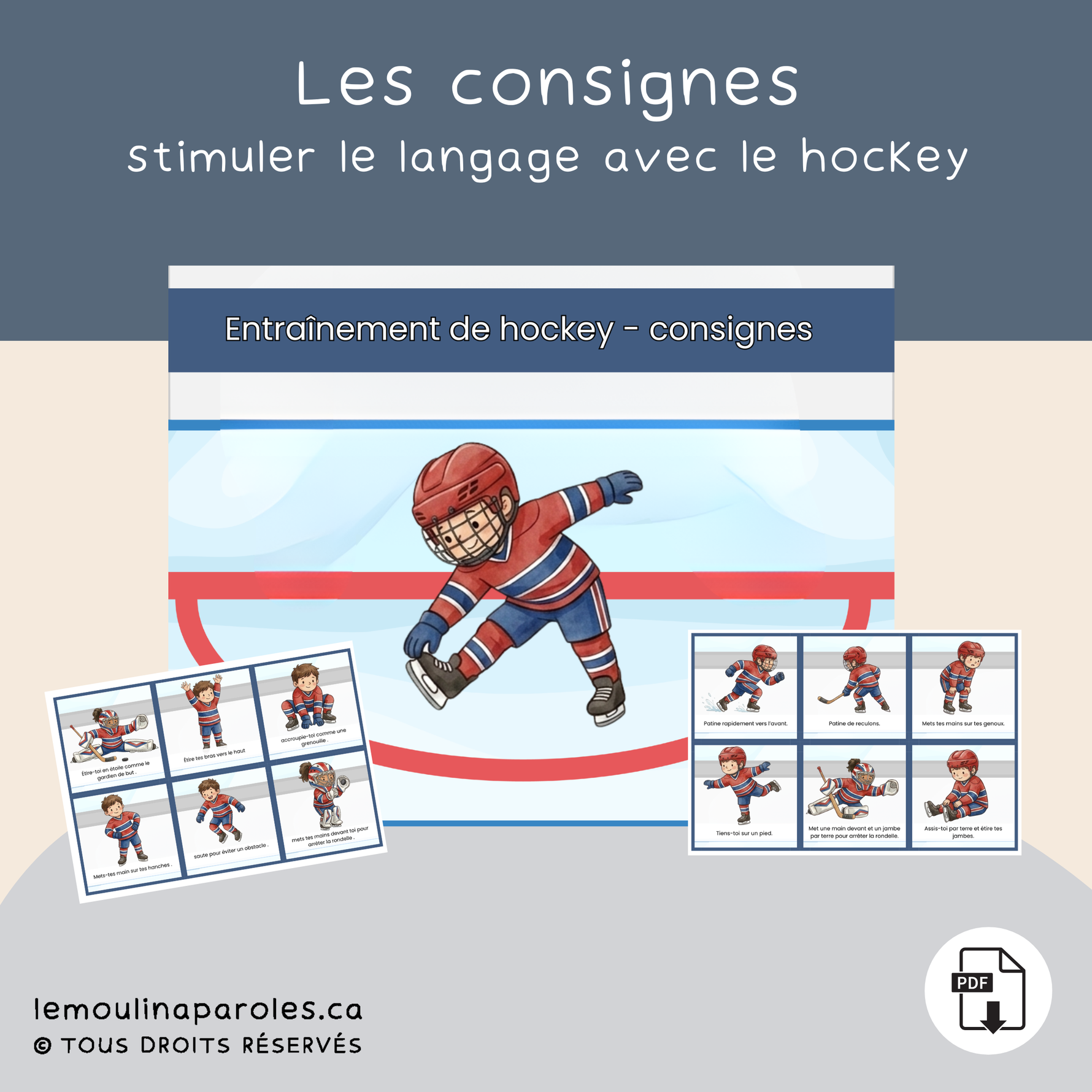 Cartes illustrées de consignes motrices thème hockey. stimulation du langage , consignes