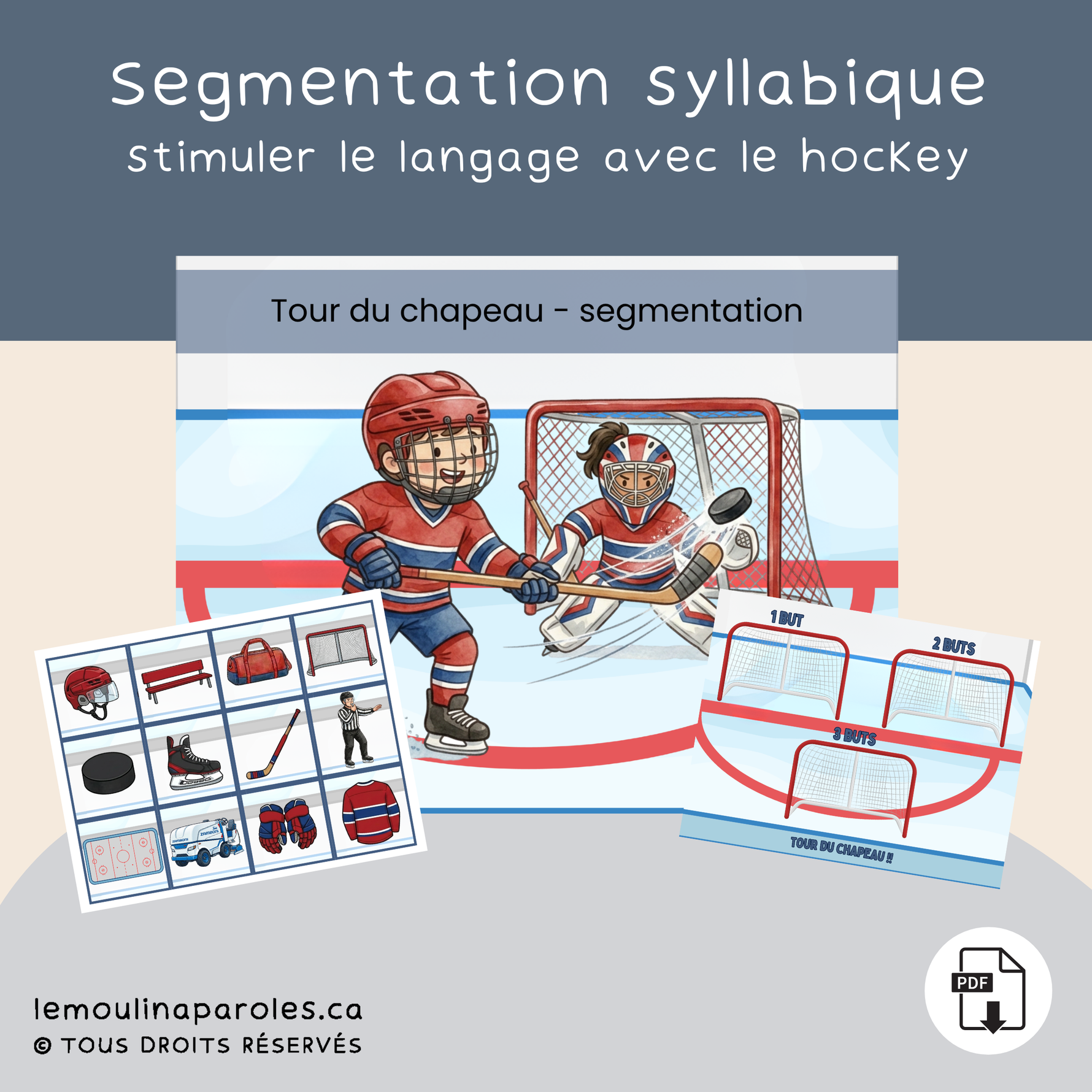 Jeu de segmentation syllabique hockey enfants plateau buts
Cartes hockey éducatives pour travailler les syllabes
Activité langage enfants thème hockey PDF imprimable
Jeu éducatif hockey conscience phonologique enfants